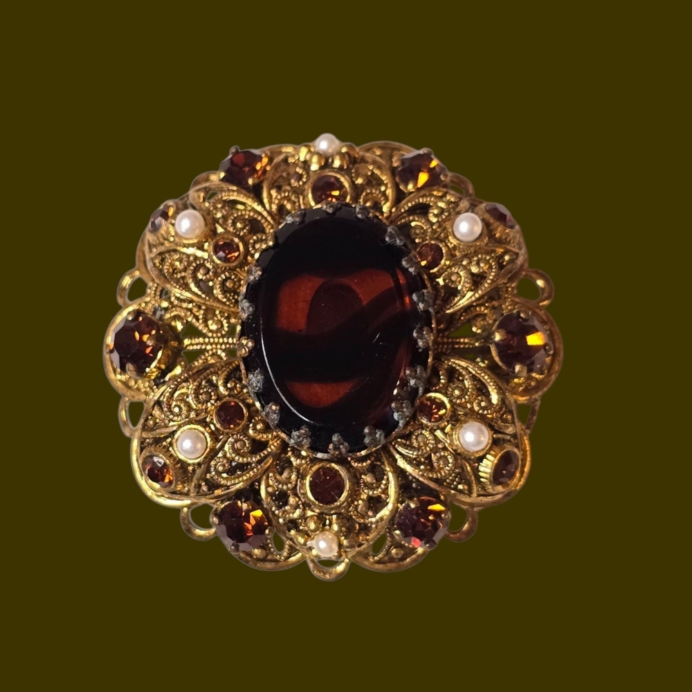 Germany Vintage Brooch - Large Swirl Cabachon, Glass Rhinestones & Faux Pearls